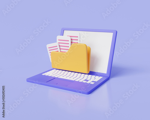 3d rendering illustration of portfolio folder icon with file document on laptop. Computer folder, folder with file, paper icon. file electronic, Folders with documents. File management concept.