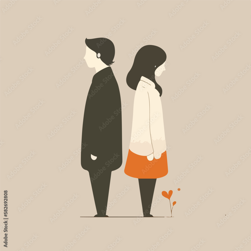 Love man woman relationship concept, hard love concept. Man and woman back to back. Hearts in background. Complicated love, communication problem, separation, love therapy. EPS 10. Vector illustration