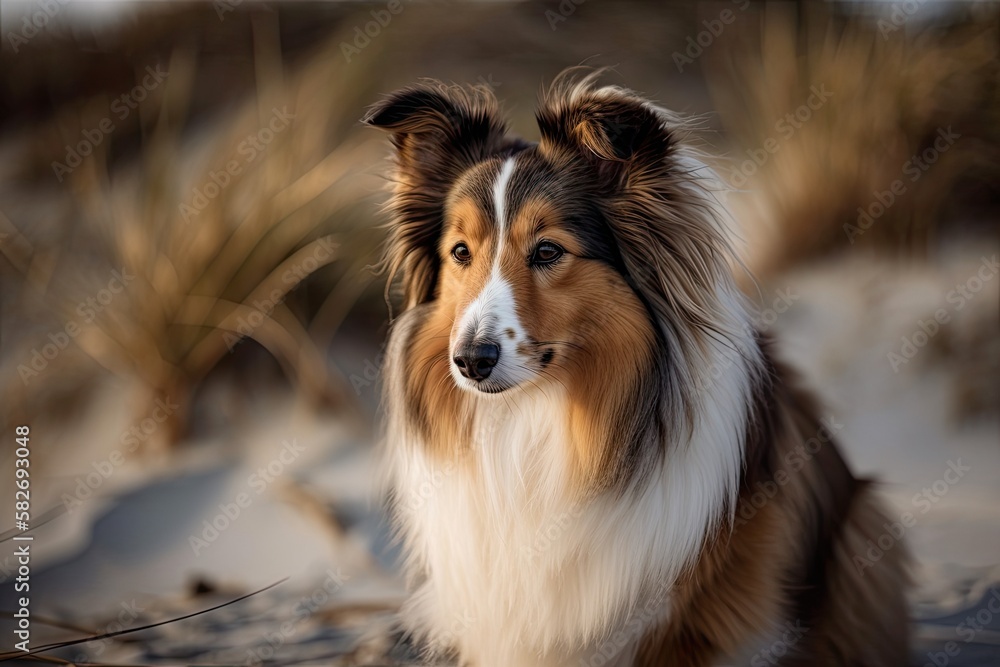 On a sandy beach, a stunning alert Shetland Sheepdog stands. Generative AI On a sandy beach, a stunning alert Shetland Sheepdog stands. Generative AI