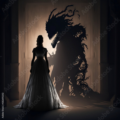 Foto Silhouette of a Woman and Shadow of a Monster Generative AI