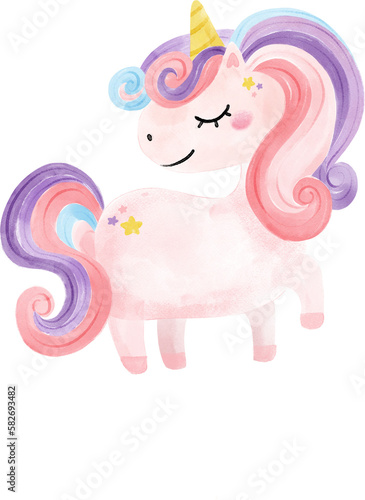 cute fancy sweet magical pink purple baby unicorn children cartoon kid watercolour hand painting illustration