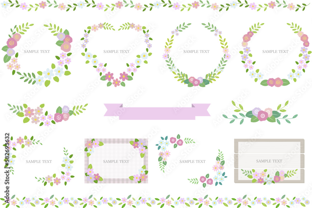 ピンクの手描き花の装飾フレーム　イラスト素材 / vector eps