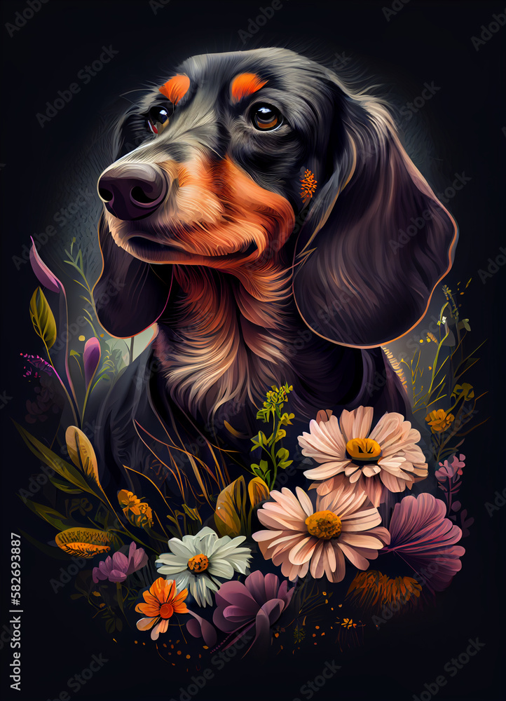Adorable Dachshund with Flowers