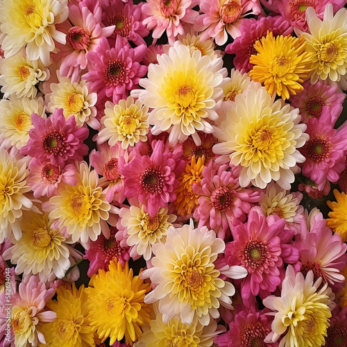Garden flowers background. Top view background flowers