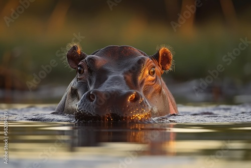 Obraz na płótnie Hippopotamus (hippopotamus) head just above the water in Botswana's Okavango Delta