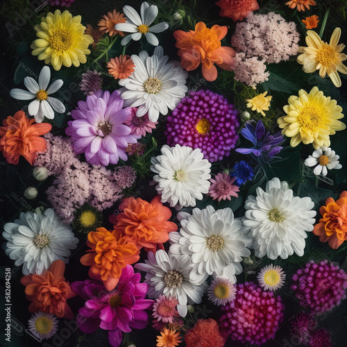 Garden flowers background: daisy, phlox, dahlias and others. Flower composition. Generative ai © IonelV