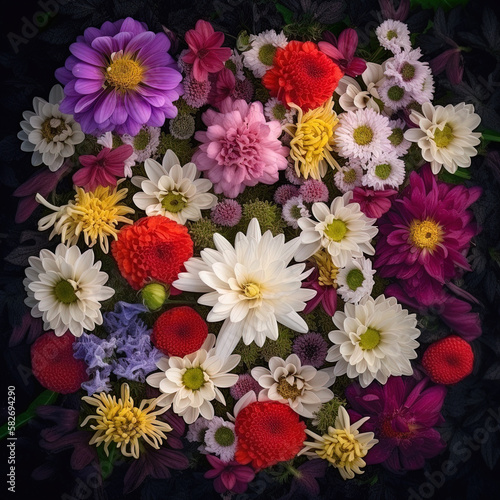 Top view of a garden flowers background. Flower composition. Generative ai © IonelV