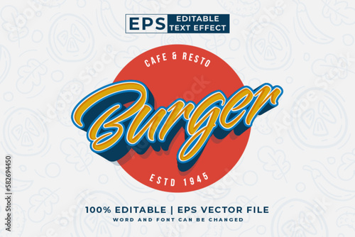 Editable text effect burger logo 3d vintage style premium vector