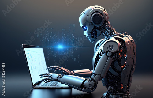 Robot AI chatbot Chatgpt sits at a table with a laptop, AI generated © Андрій Єлдинов 
