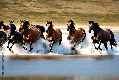 AI generated image of wild horses running on the shallow river. Wild horses are often seen as symbols of freedom and strength © hmzphotostory
