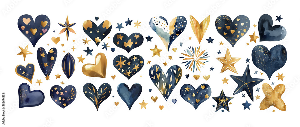 Hearts and stars. Modern clipart set. Blue and golden. Transparent png.