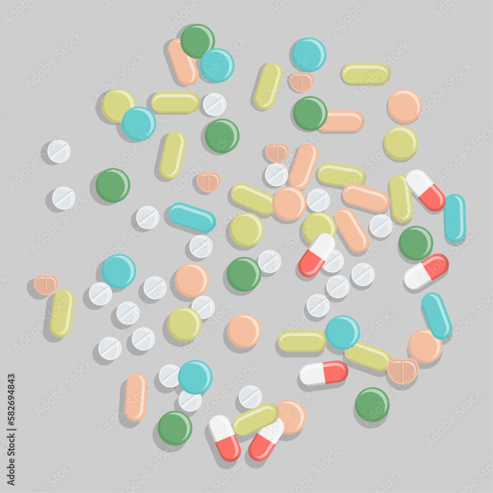 Set of flat icons of tablets and capsules isolated on a gray background. Medicines of various shapes, sizes, colors. Vector illustration of medicine. Hospital, prescription of medicines