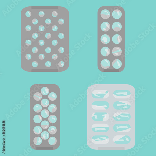 Set of flat pill icons isolated on a blue background. Medicines of different shapes, types and colors. Empty blister pack. Vector illustration of medicine. Hospital, prescription of medicines