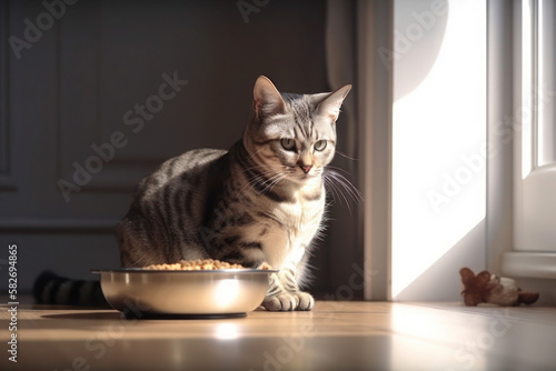 Hungry cat with a bowl of cat food begs to eat feeding generative ai