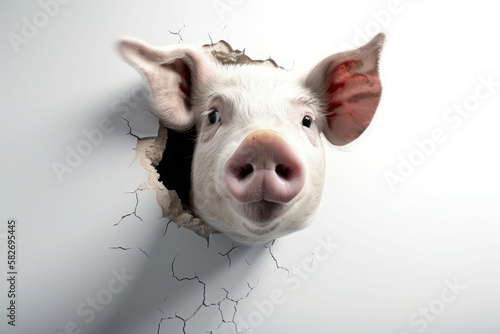 Pig peeking out of a hole in the wall white background white wall pig's head snout funny generative ai photo