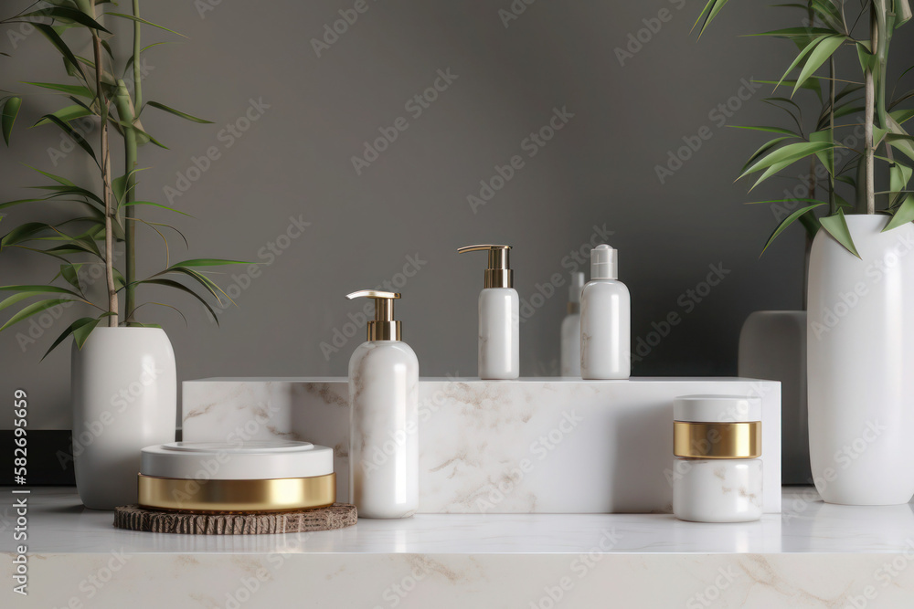 Cosmetics bottles white minimalism on the podium wood marble white background premium beaty care generative ai Cosmetics bottles white minimalism on the podium wood marble white background premium beaty care generative ai