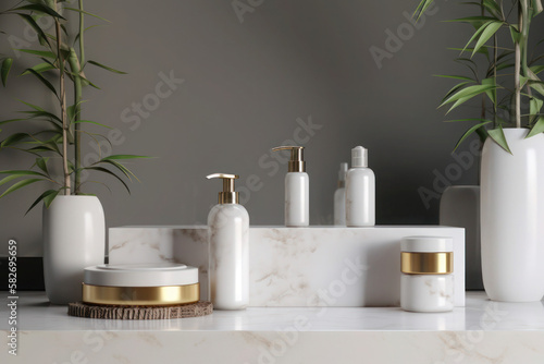 Cosmetics bottles white minimalism on the podium wood marble white background premium beaty care generative ai