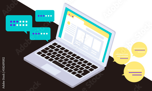 ノートパソコンとチャット型AIを使うシーンをイメージしたイラスト　
