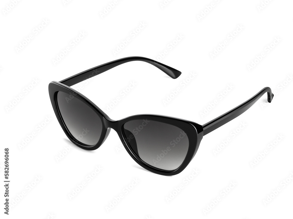 Black beautiful elegant retro women's sunglasses in a plastic frame with open arches isolated on a white background. Top and side view. Black beautiful elegant retro women's sunglasses in a plastic frame with open arches isolated on a white background. Top and side view.