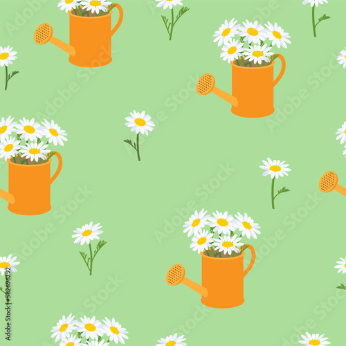 Seamless pattern with chamomile flowers and watering cans.