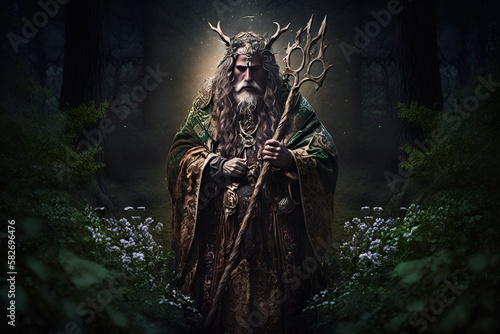 A druid standing in a lush forest glade, surrounded by ethereal wisps of magic. The druid is isolated on a dark background to emphasize their connection to nature and magic, fantasy, Ai