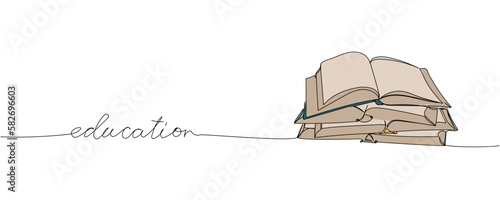 Education one line colored art. Continuous line color drawing of book, library, school, study, learn, reading with an inscription, lettering, handwritten.