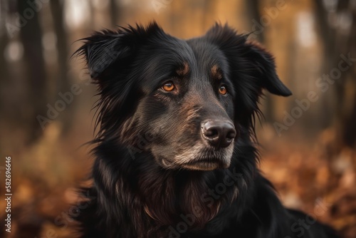 Hovie, a beautiful portrait of a male dog in black and gold. Generative AI