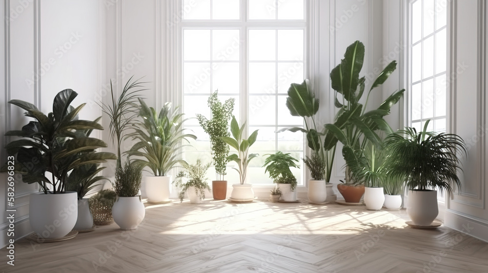 3D Render of a Variety of Easy-Care and Air-Purifying Indoor Tropical House Plants in a Sunlit White Room with Wooden Floor: Perfect for Home Garden Interior Decoration. generative ai.