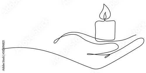 Human hand holding burning candle continuous line drawing art. Memorial linear symbol. Vector illustration isolated on white.