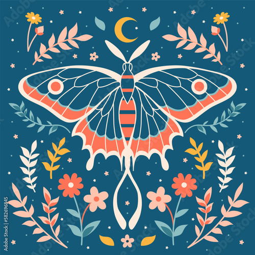 Whimsical Moon Moth. Mystery luna print with butterfly, herbs and flowers. Bloomy boho graphic. Celestial floral folk art, vintage bohemian decoration.