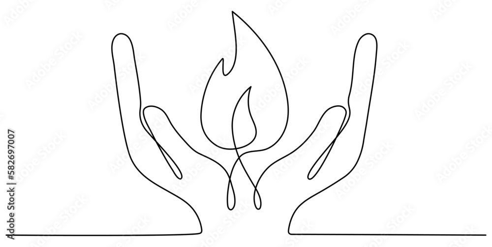 Human hands holding fire flame continuous line drawing art. Vector illustration isolated on white. Human hands holding fire flame continuous line drawing art. Vector illustration isolated on white.