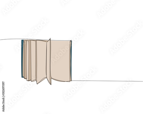 Open album in vertical position, many pages one line colored art. Continuous line color drawing of book, library, school, study, literature, paper, textbook, knowledge, read, learn, page, reading.