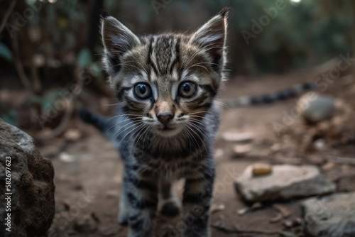 A gray and white striped kitten walks towards the camera. Generative AI photo