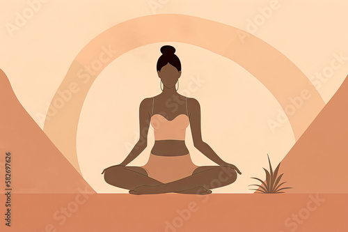 Digital illustration of a woman doing yoga meditation, a calm healing atmosphere, can be used for banner background, or healthy sports marketing campaign.