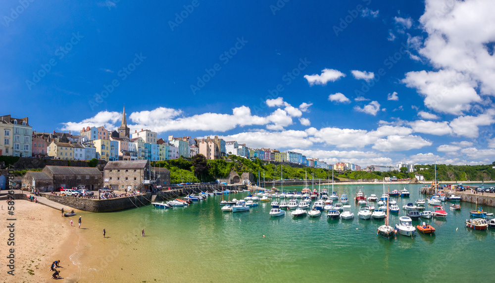 Harbour with colourful buildings (Tenby, Wales, United Kingdom, in summer)