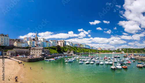 Harbour with colourful buildings  Tenby  Wales  United Kingdom  in summer 