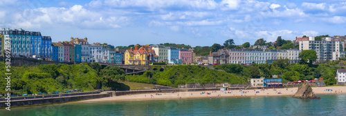 Beach with colourful buildings (Tenby, Wales, United Kingdom, in summer)