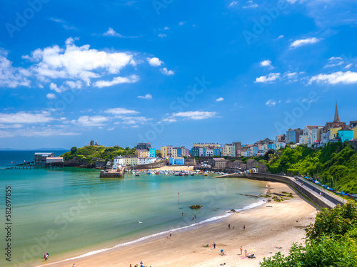 Beach and harbour on a sunny day (Tenby, Wales, United Kingdom, in summer)