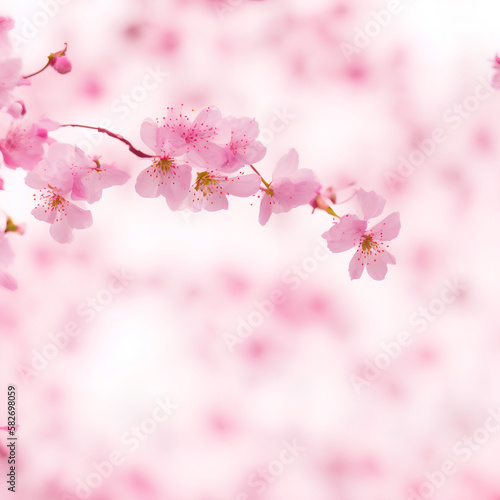 Cherry flowers flutter down  gently pink blurred background  space for your text. generative AI