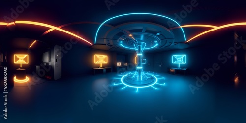 Photo of a neon-lit room with a clock on the wall © Usman