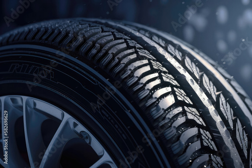 Winter tire on snowy slippery road. Created with Generative AI technology. © Yuliia