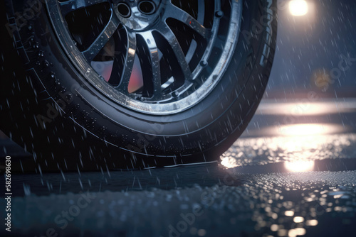 Driving on a slippery rainy road background with vehicle tire close-up. Created with Generative AI technology.