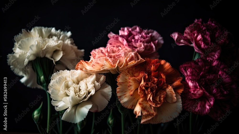 Whimsical carnations against a dark backdrop on black background, generative ai