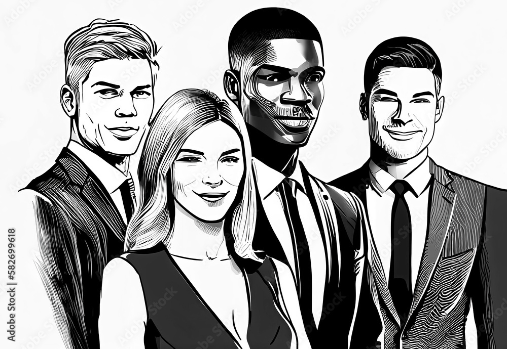 Black and white drawing of happy business team group (Generative AI) Black and white drawing of happy business team group (Generative AI)