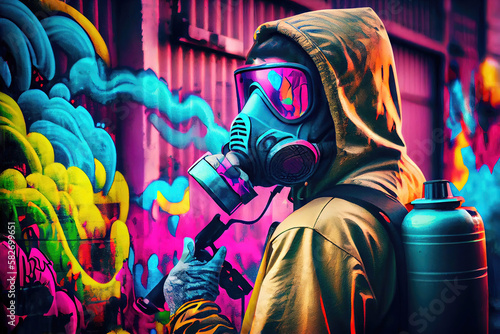 Graffiti sprayer artist with face mask spraying spray paint on wall (Generative AI)