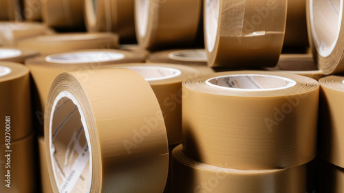 Rolls of brown adhesive packing tape. packaging supplies for parcels. generated using AI tools