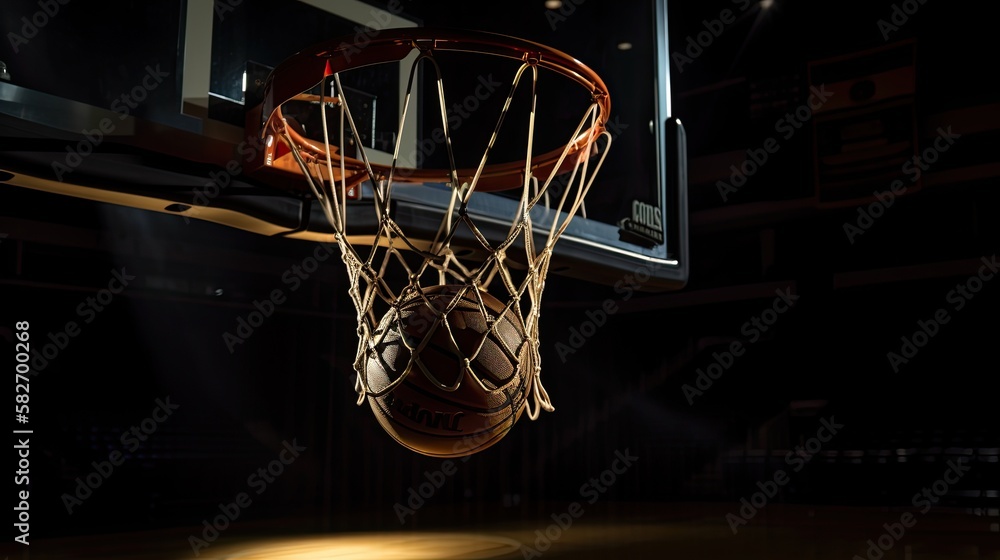 An action shot of a black and gold basketball teetering on the rim of a regular basketball hoop dramatically spotlit from behind, generative ai
