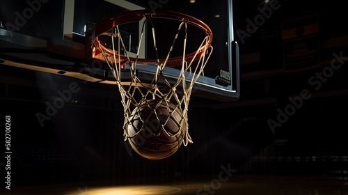 An action shot of a black and gold basketball teetering on the rim of a regular basketball hoop dramatically spotlit from behind, generative ai © Creative Station