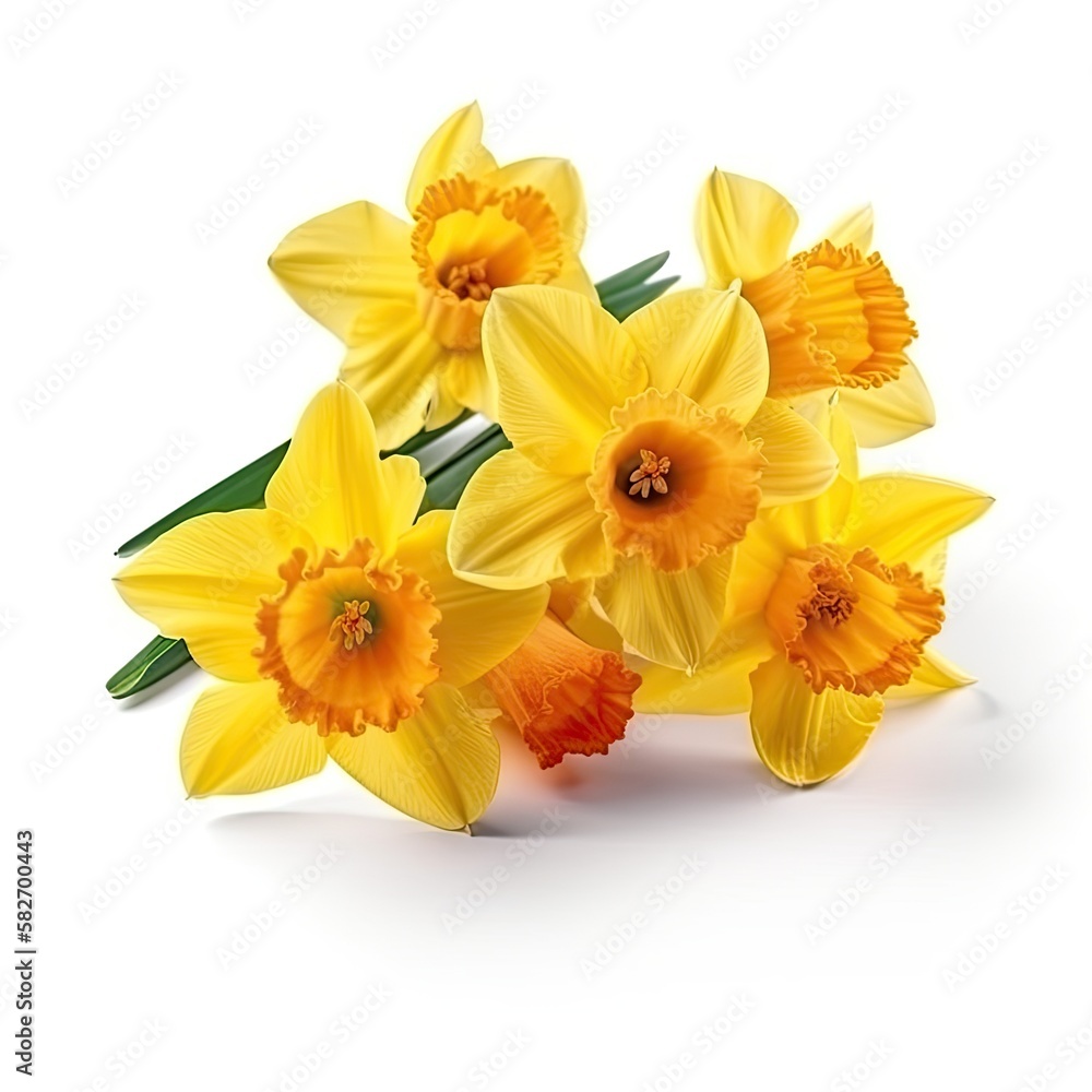 Obraz premium Yellow spring flowers daffodils isolated on white background. With clipping path. Flowers objects for design, advertising, postcards. Narcissus flowers, generative ai