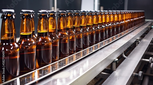 Brown glass beer drink alcohol bottles  brewery conveyor  modern production line generative ai
